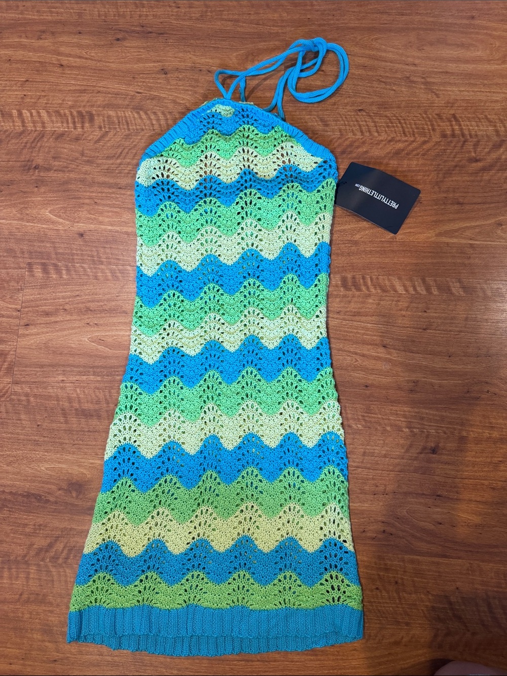 Pretty Little Thing Blue & Green Crochet Halter One-Piece Crochet Cover up Dress